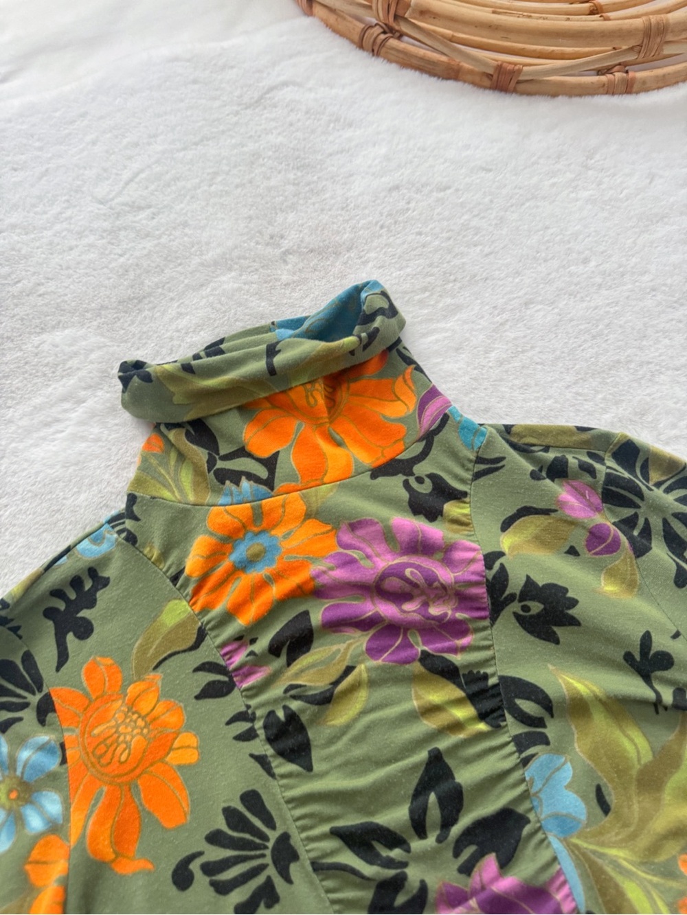 Etro Milano Floral Ruched Turtleneck Long Sleeve Stretch Top Green - Picture 6 of 10
